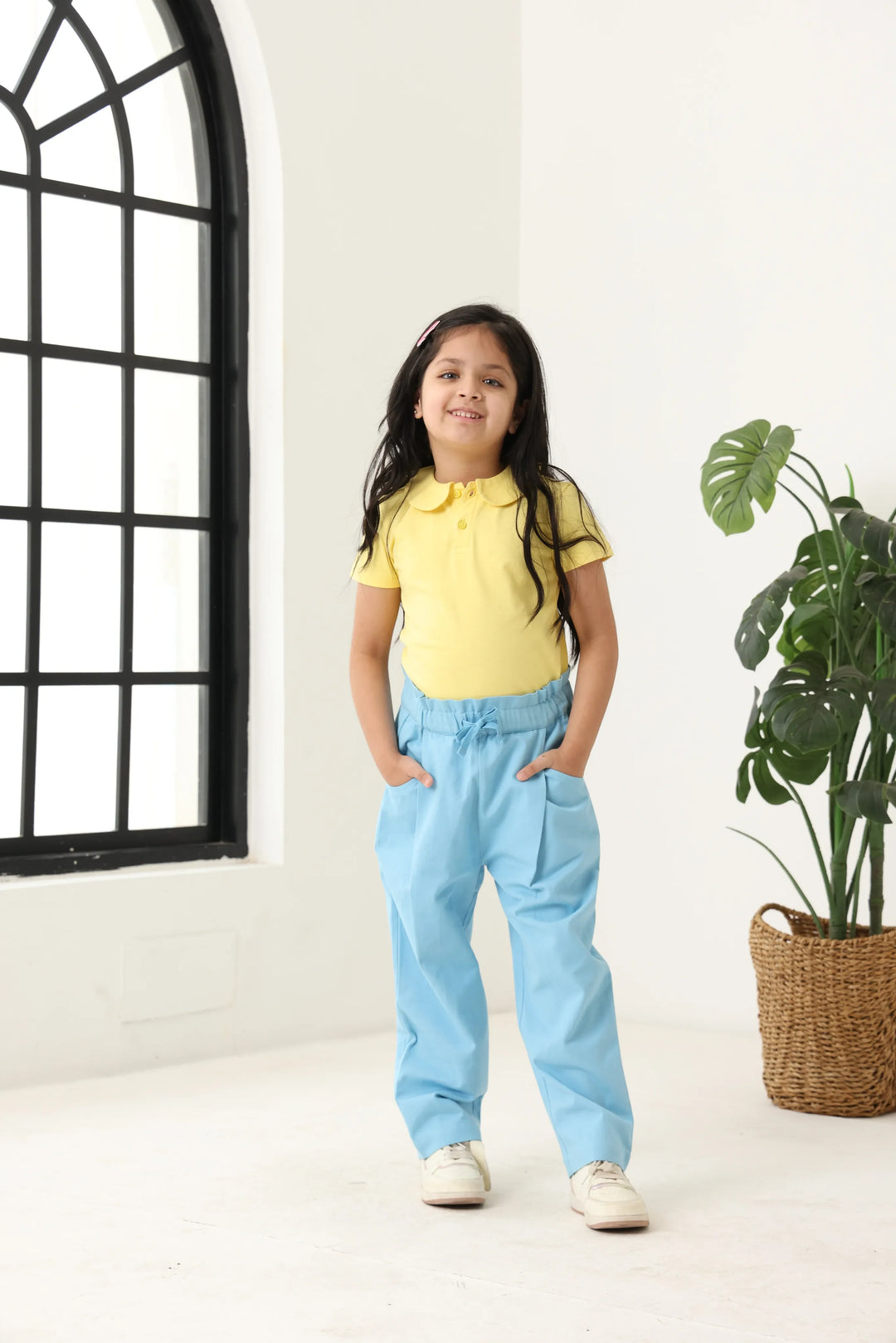 Spunkies Girls Blue Solid Elasticated Waist Single Pleated Trousers