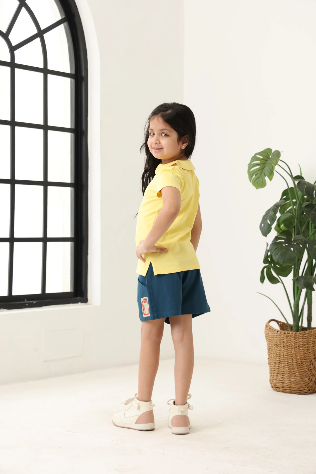 Spunkies Yellow Girls Solid Peter Pan Collar Short Sleeves Polo T-Shirt