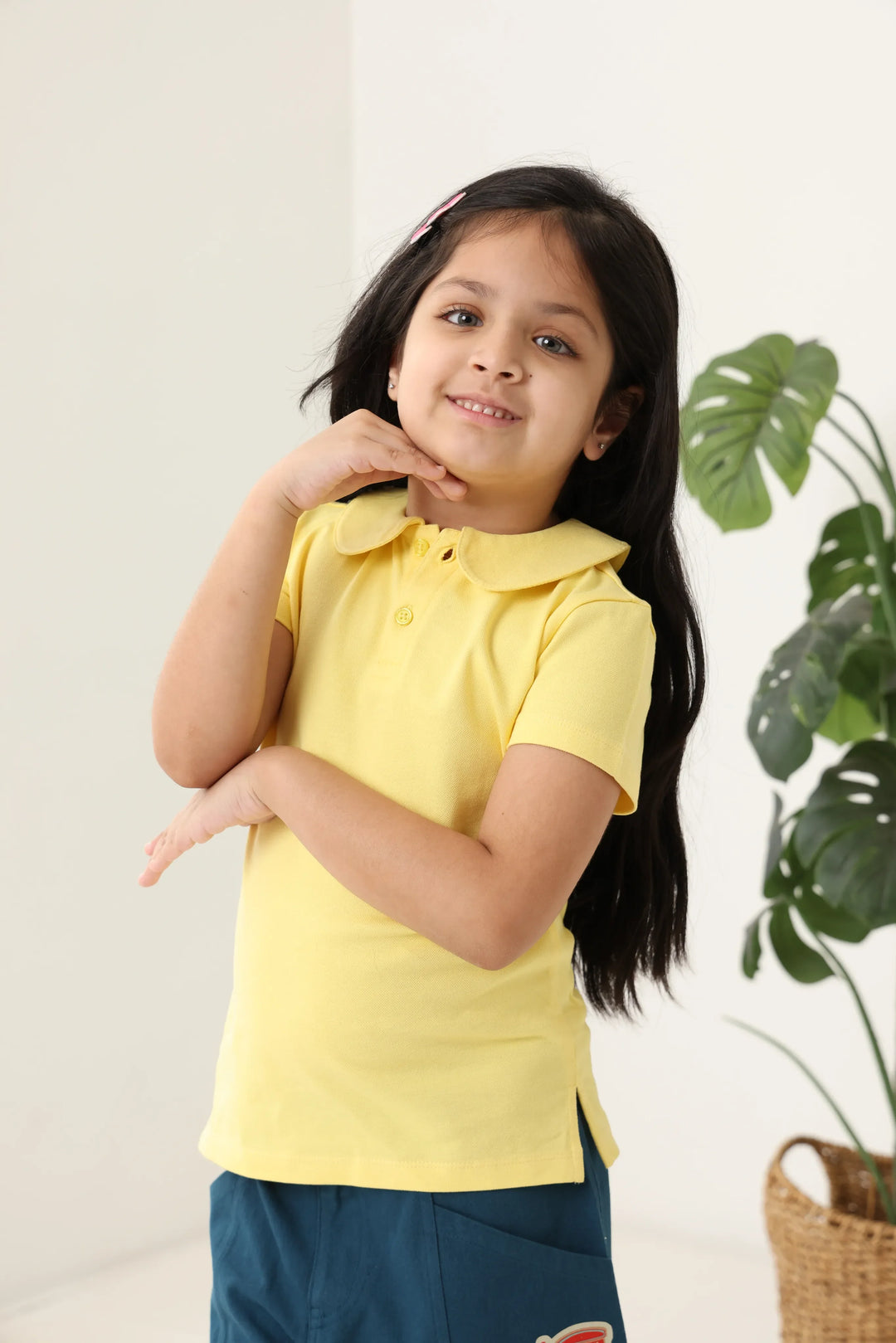 Spunkies Yellow Girls Solid Peter Pan Collar Short Sleeves Polo T-Shirt