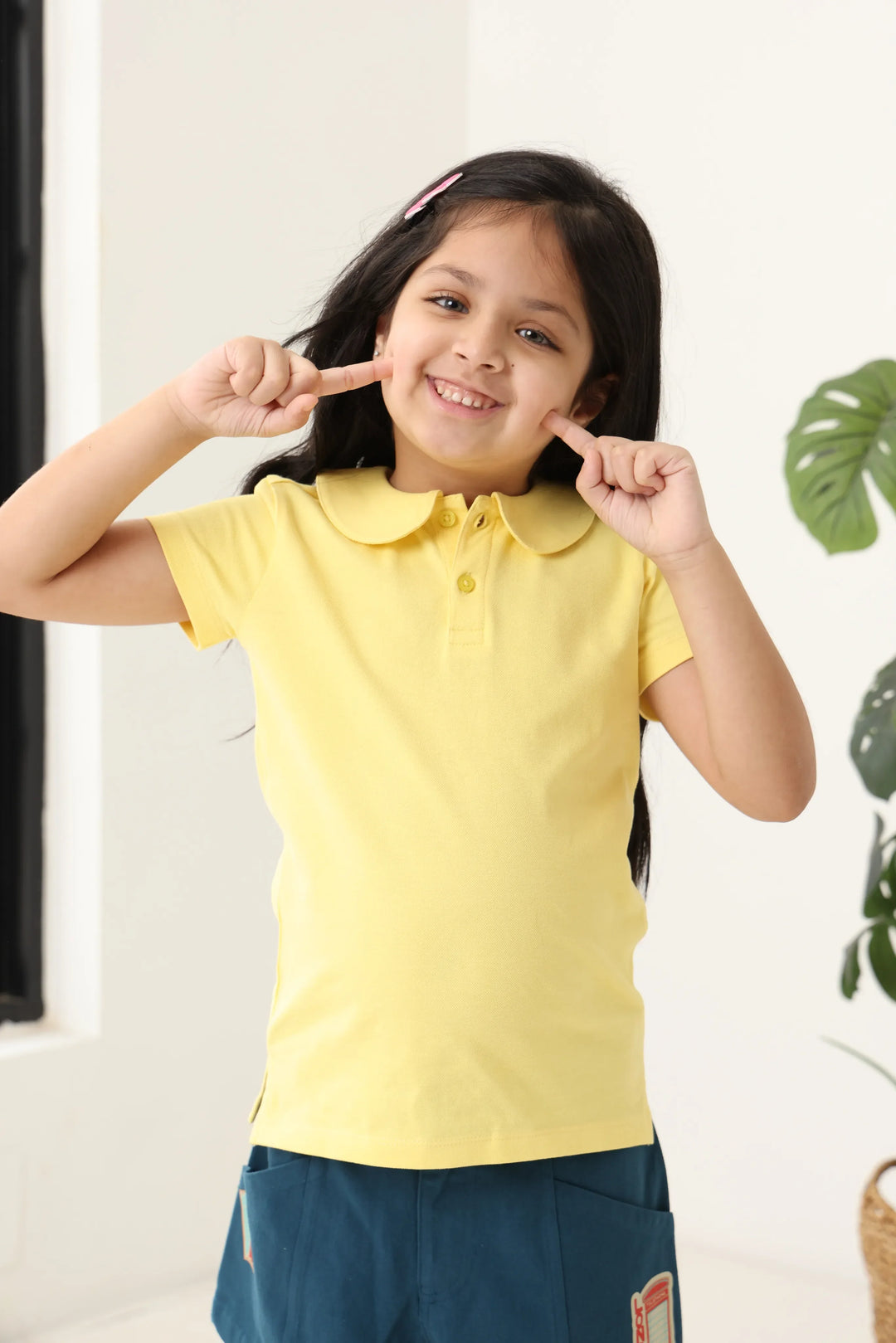 Spunkies Yellow Girls Solid Peter Pan Collar Short Sleeves Polo T-Shirt