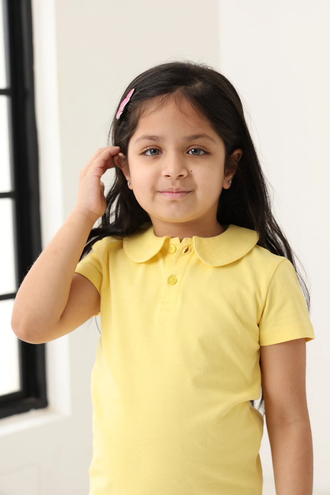 Spunkies Yellow Girls Solid Peter Pan Collar Short Sleeves Polo T-Shirt