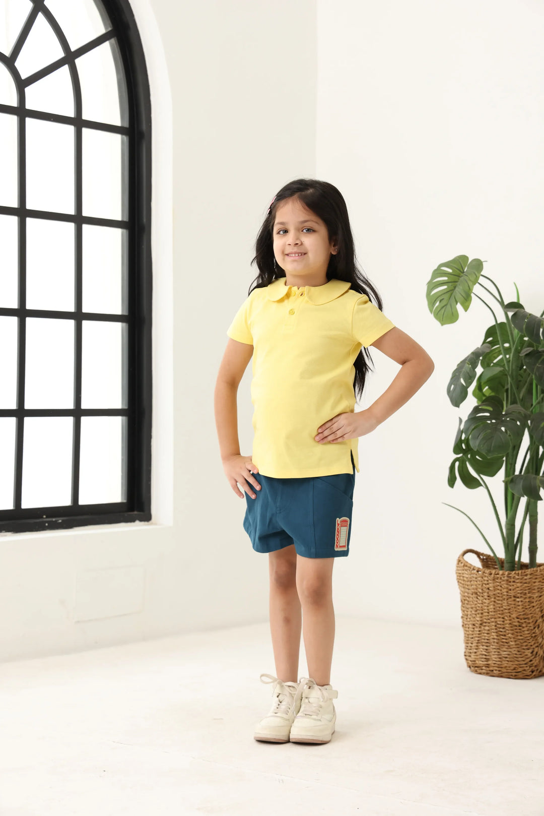 Spunkies Yellow Girls Solid Peter Pan Collar Short Sleeves Polo T-Shirt