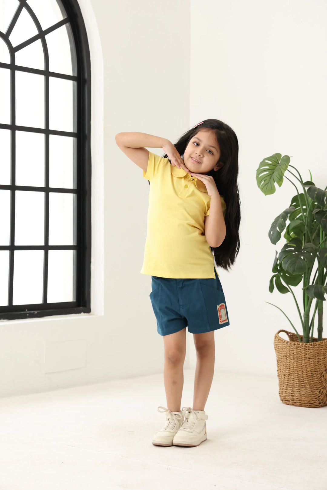 Spunkies Yellow Girls Solid Peter Pan Collar Short Sleeves Polo T-Shirt