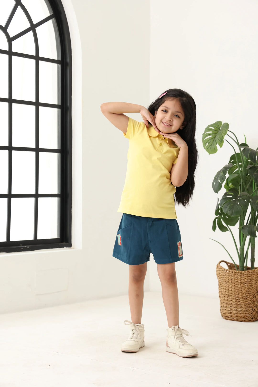 Spunkies Yellow Girls Solid Peter Pan Collar Short Sleeves Polo T-Shirt