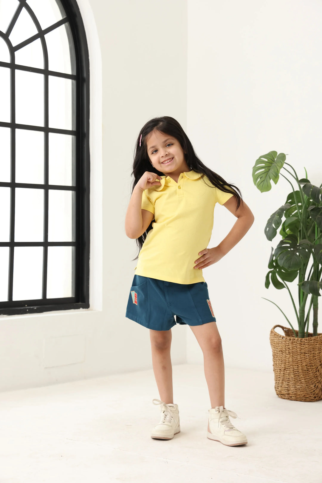 Spunkies Yellow Girls Solid Peter Pan Collar Short Sleeves Polo T-Shirt