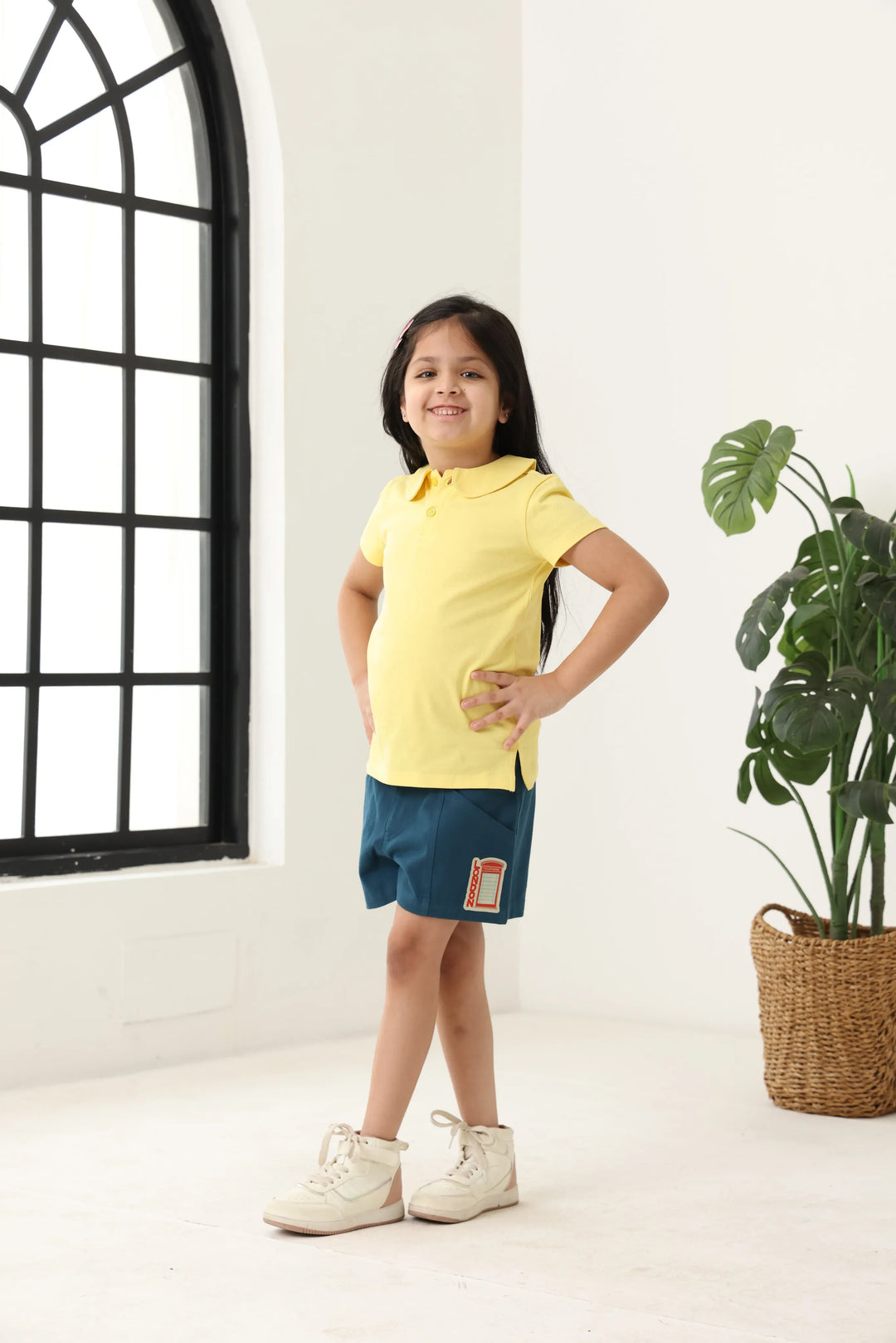 Spunkies Yellow Girls Solid Peter Pan Collar Short Sleeves Polo T-Shirt