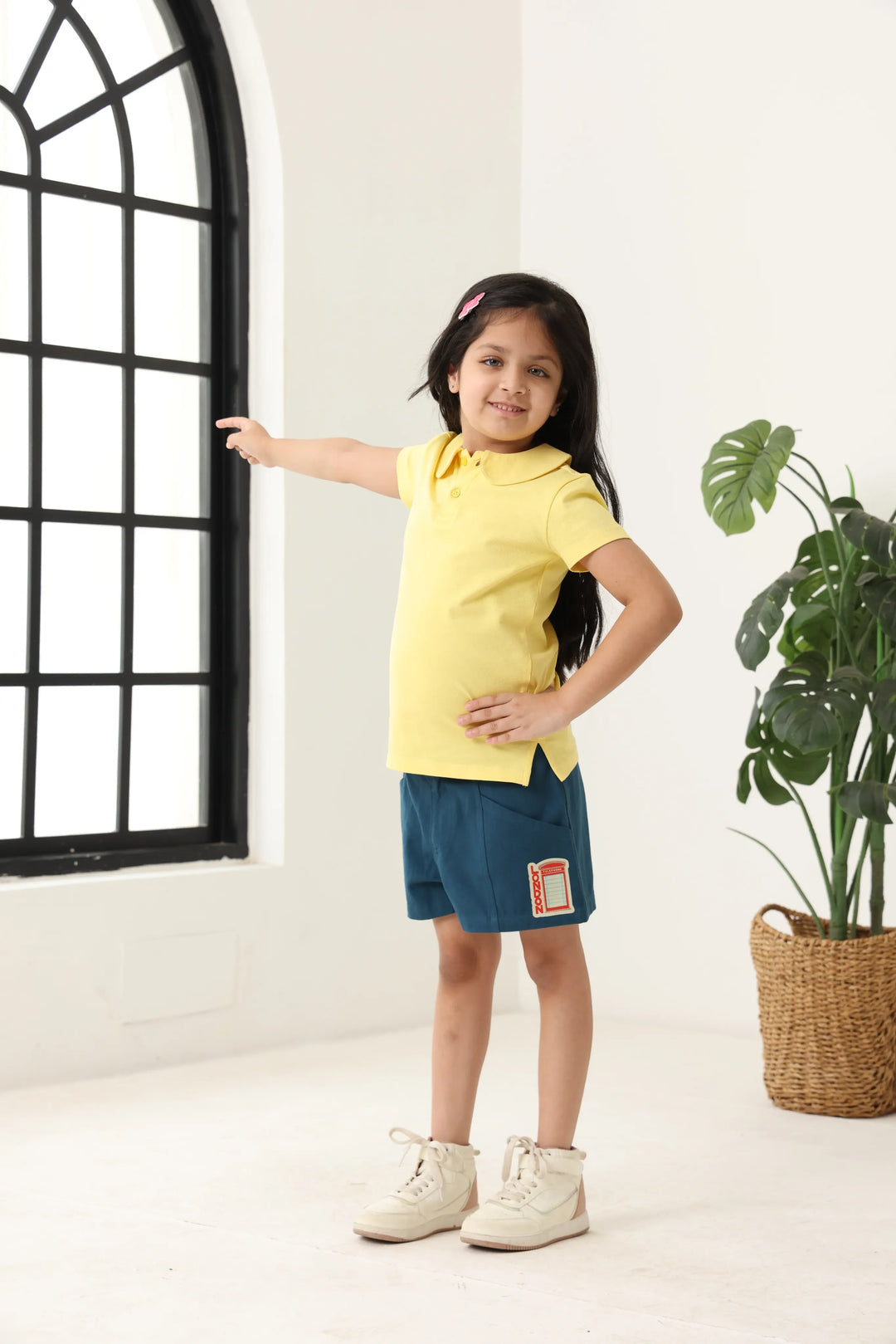 Spunkies Yellow Girls Solid Peter Pan Collar Short Sleeves Polo T-Shirt