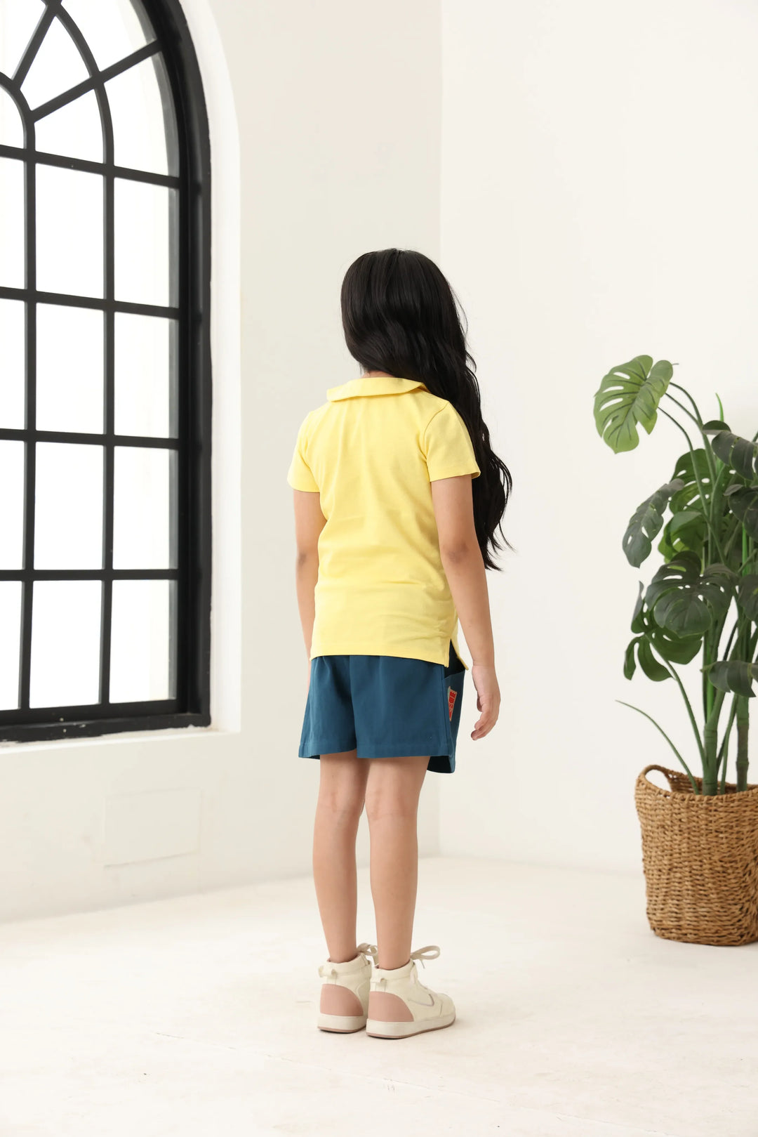 Spunkies Yellow Girls Solid Peter Pan Collar Short Sleeves Polo T-Shirt