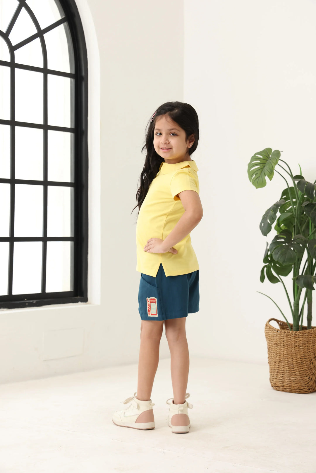Spunkies Yellow Girls Solid Peter Pan Collar Short Sleeves Polo T-Shirt