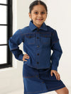 Spunkies Girls Navy Blue Color-Blocked Collared Long Sleeves Shirt and Skirt Set