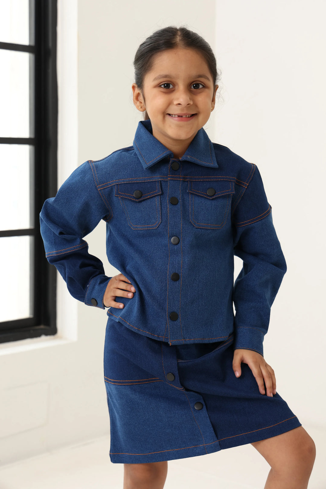 Spunkies Girls Navy Blue Color-Blocked Collared Long Sleeves Shirt and Skirt Set