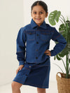 Spunkies Girls Navy Blue Color-Blocked Collared Long Sleeves Shirt and Skirt Set