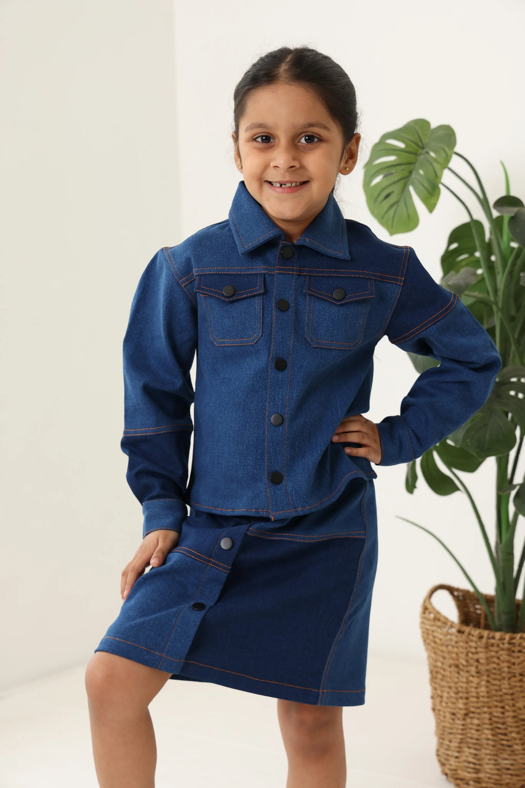 Spunkies Girls Navy Blue Color-Blocked Collared Long Sleeves Shirt and Skirt Set