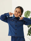 Spunkies Girls Navy Blue Color-Blocked Collared Long Sleeves Shirt and Skirt Set