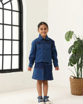 Spunkies Girls Navy Blue Color-Blocked Collared Long Sleeves Shirt and Skirt Set