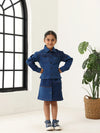 Spunkies Girls Navy Blue Color-Blocked Collared Long Sleeves Shirt and Skirt Set