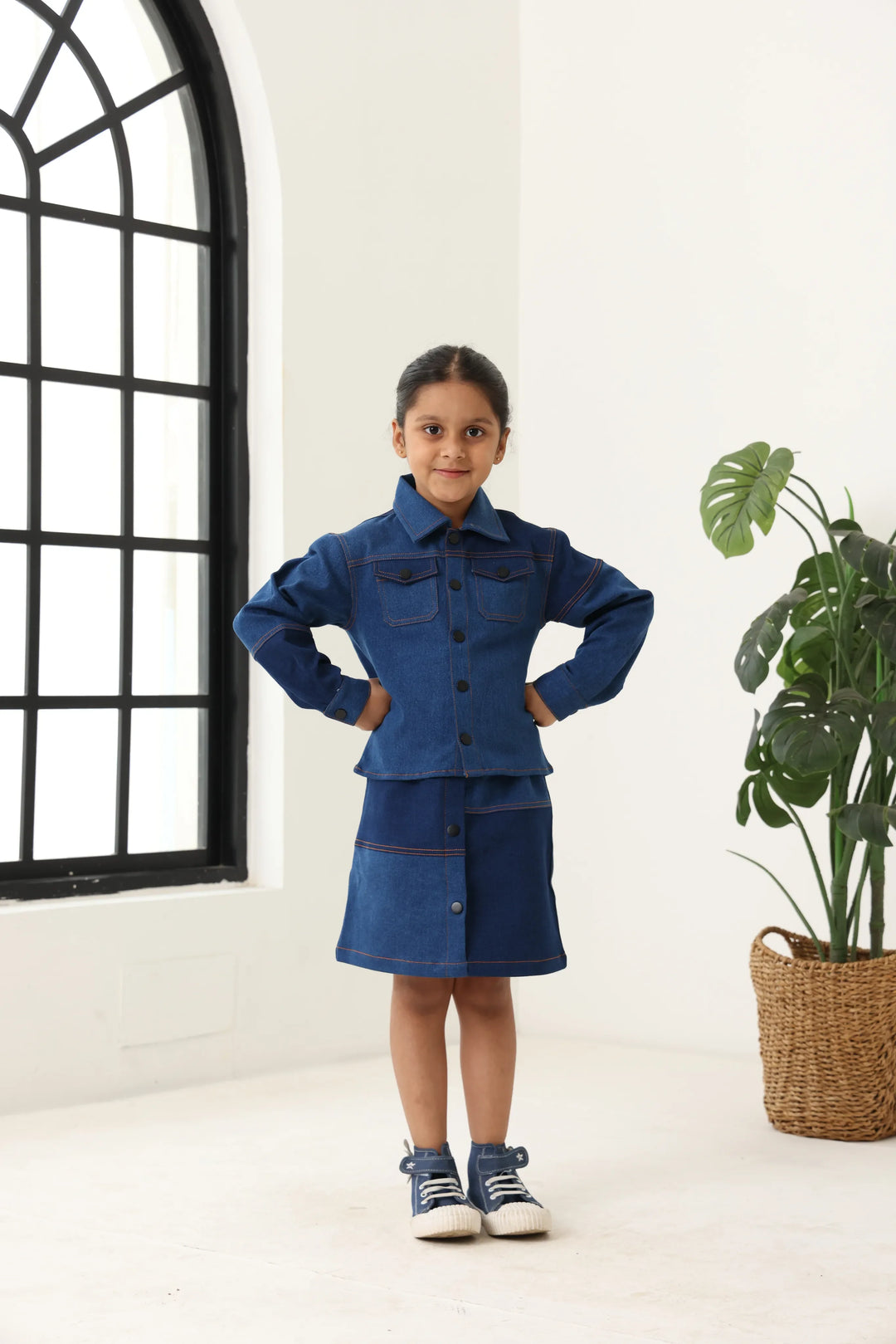 Spunkies Girls Navy Blue Color-Blocked Collared Long Sleeves Shirt and Skirt Set