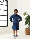 Spunkies Girls Navy Blue Color-Blocked Collared Long Sleeves Shirt and Skirt Set