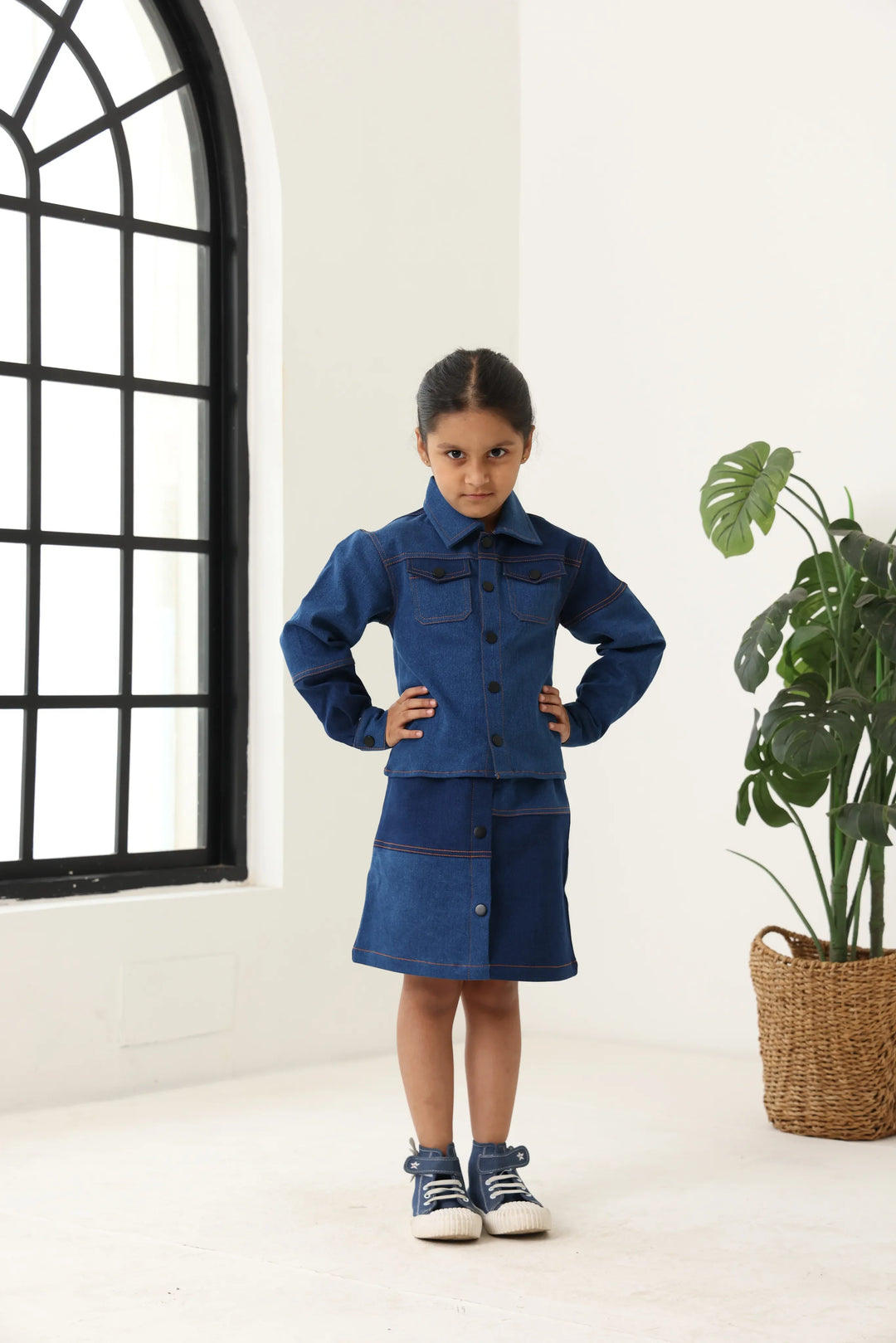 Spunkies Girls Navy Blue Color-Blocked Collared Long Sleeves Shirt and Skirt Set