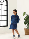 Spunkies Girls Navy Blue Color-Blocked Collared Long Sleeves Shirt and Skirt Set