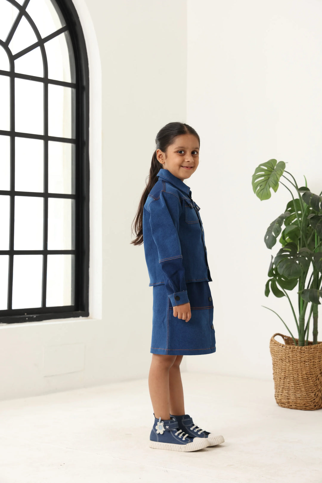 Spunkies Girls Navy Blue Color-Blocked Collared Long Sleeves Shirt and Skirt Set
