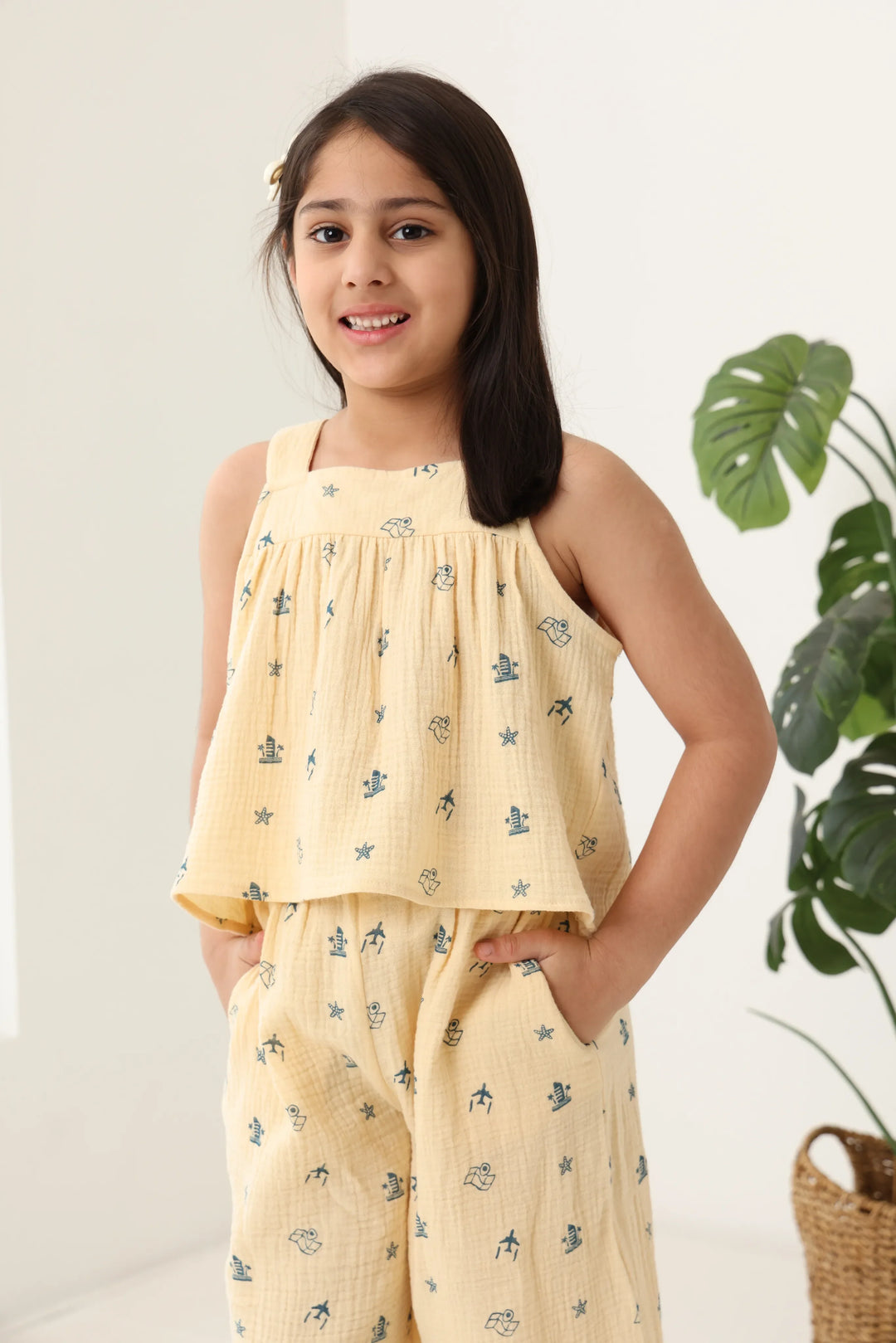 Spunkies Girls Ecru Geometric Print Square Neck Sleeveless Top and Trousers Set