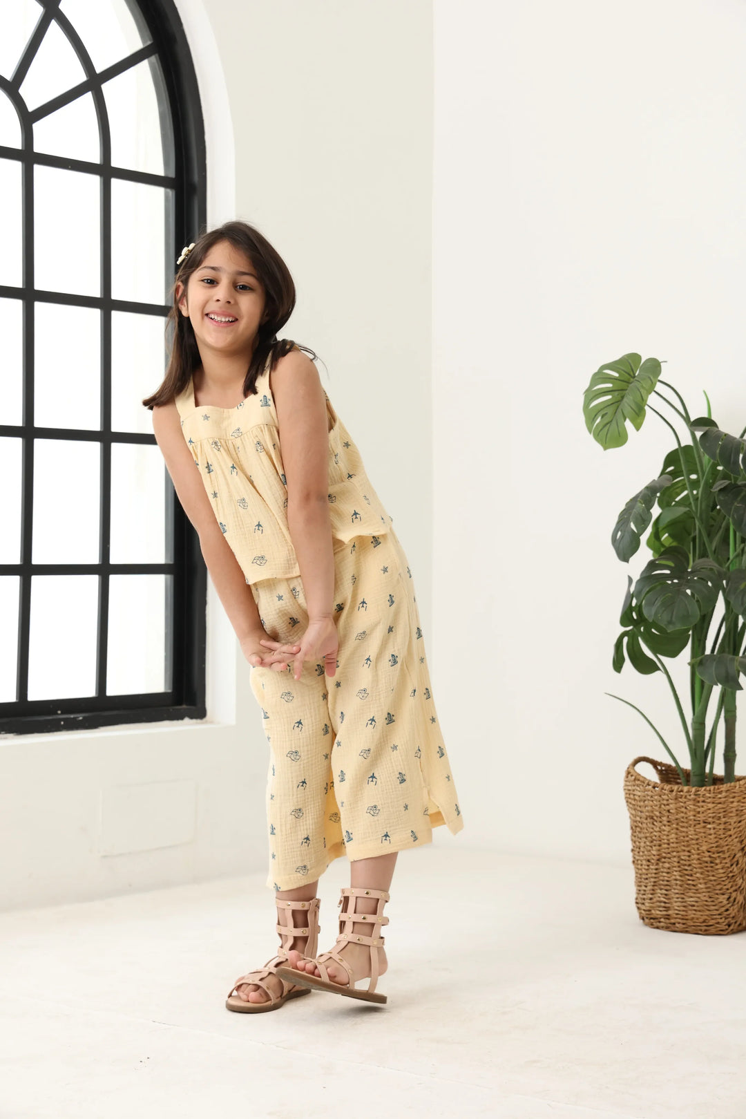 Spunkies Girls Ecru Geometric Print Square Neck Sleeveless Top and Trousers Set