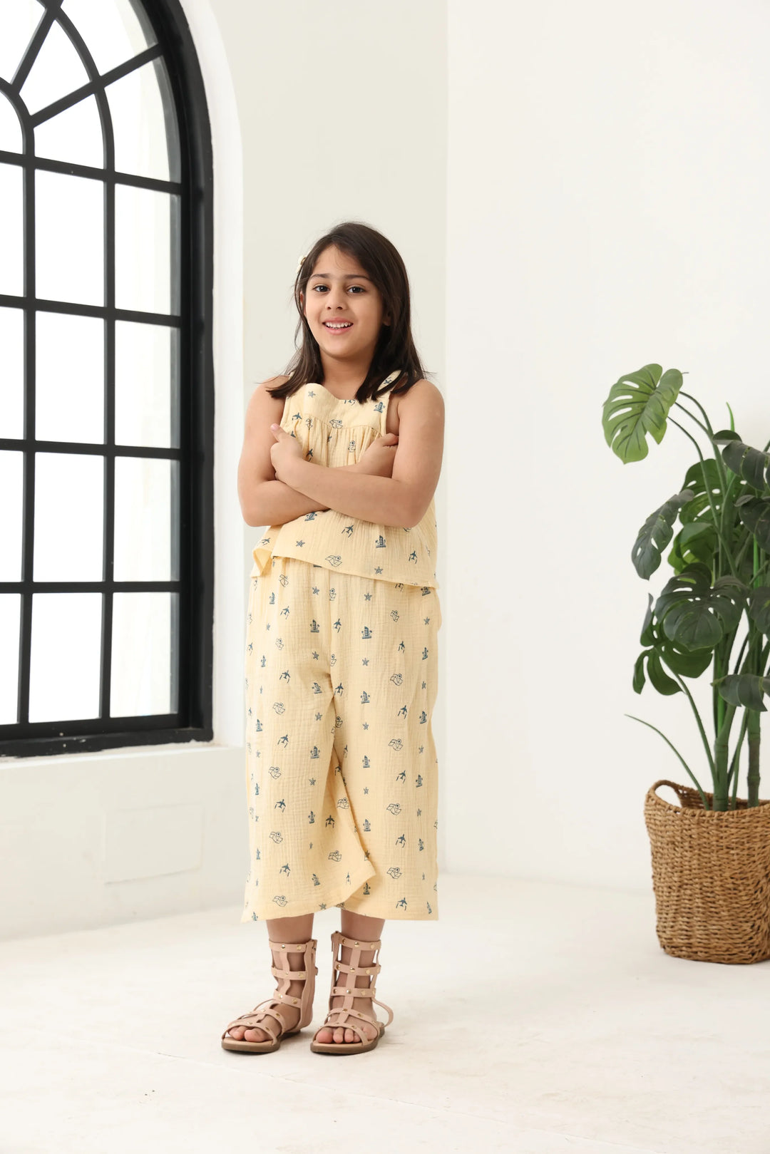 Spunkies Girls Ecru Geometric Print Square Neck Sleeveless Top and Trousers Set