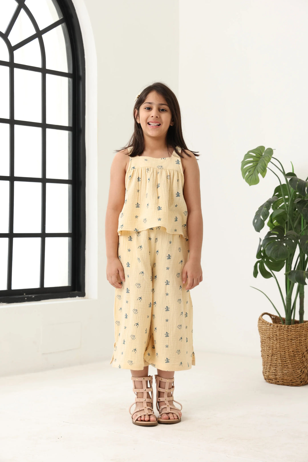 Spunkies Girls Ecru Geometric Print Square Neck Sleeveless Top and Trousers Set