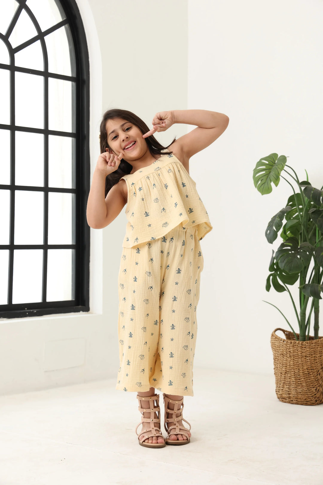 Spunkies Girls Ecru Geometric Print Square Neck Sleeveless Top and Trousers Set