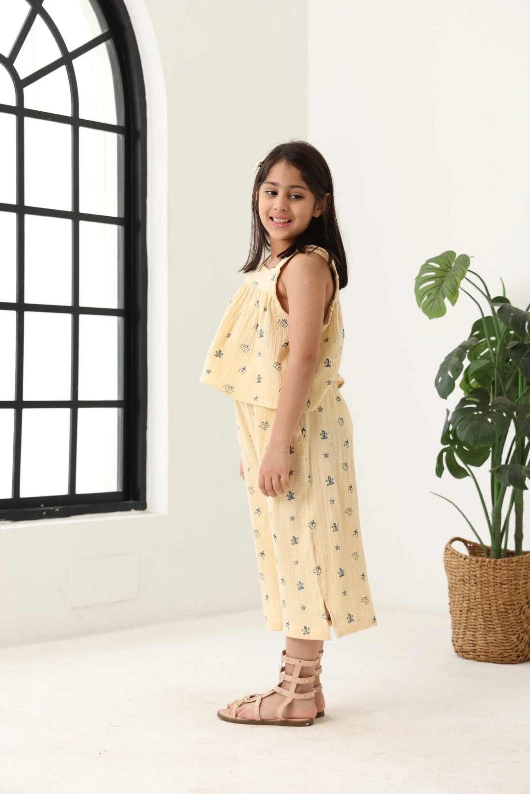 Spunkies Girls Ecru Geometric Print Square Neck Sleeveless Top and Trousers Set