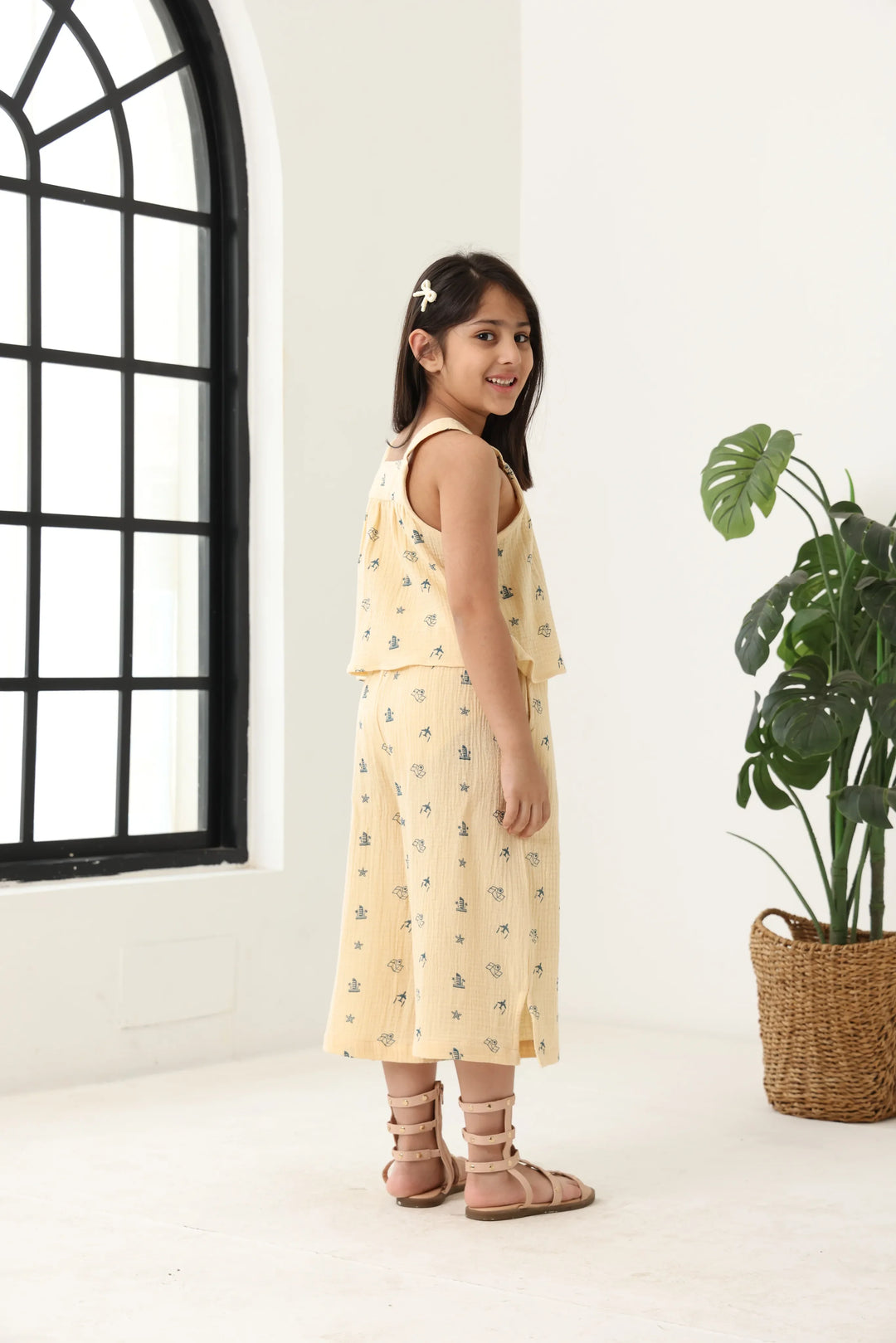 Spunkies Girls Ecru Geometric Print Square Neck Sleeveless Top and Trousers Set
