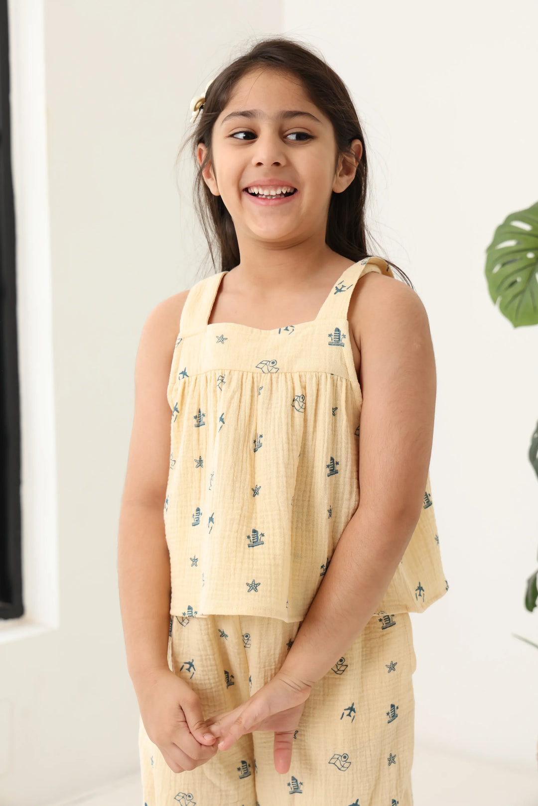 Spunkies Girls Ecru Geometric Print Square Neck Sleeveless Top and Trousers Set