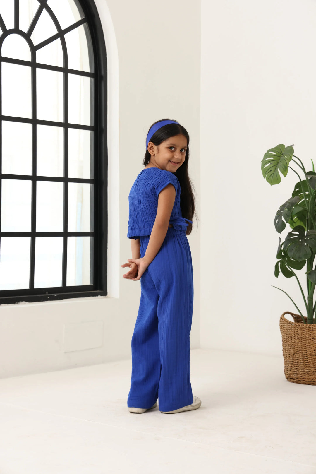 Spunkies Girls Blue Smocked Round Neck Sleeveless Top and Trousers Set