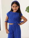 Spunkies Girls Blue Smocked Round Neck Sleeveless Top and Trousers Set