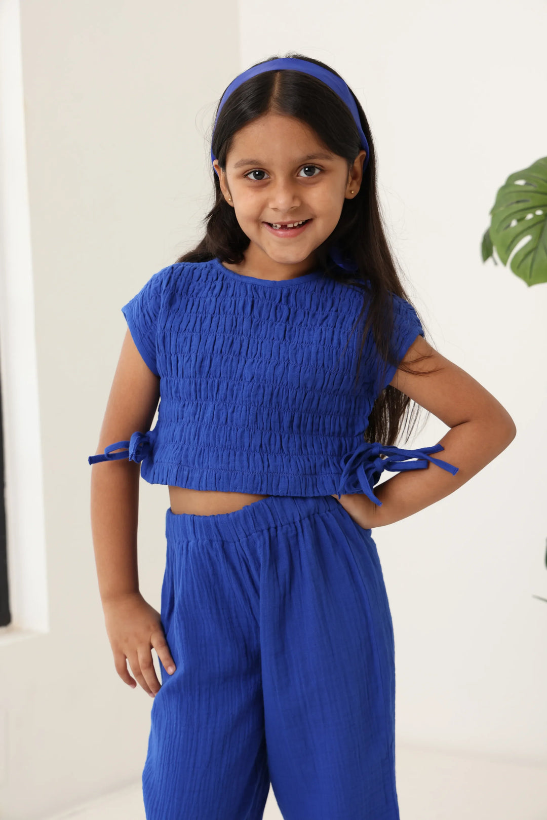 Spunkies Girls Blue Smocked Round Neck Sleeveless Top and Trousers Set