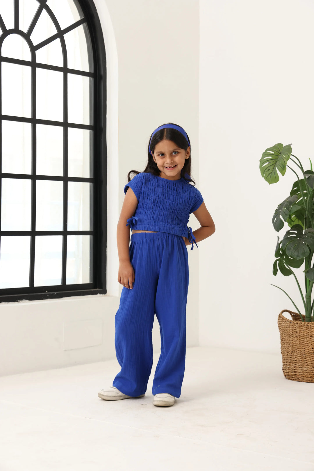 Spunkies Girls Blue Smocked Round Neck Sleeveless Top and Trousers Set