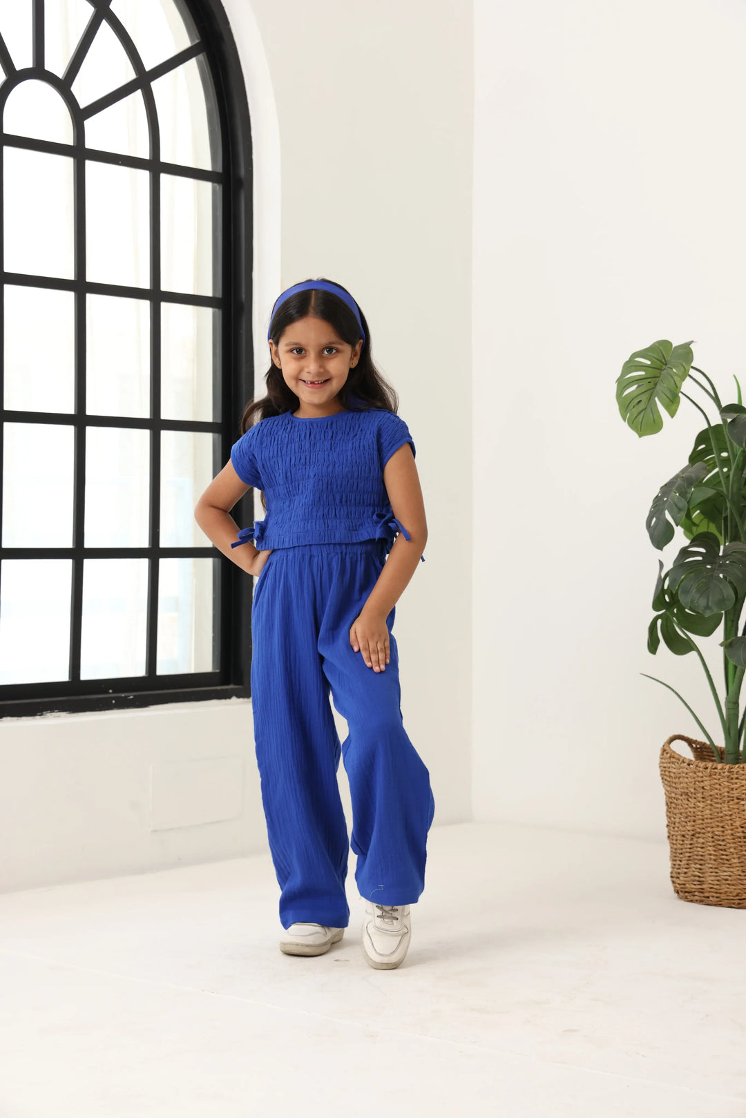 Spunkies Girls Blue Smocked Round Neck Sleeveless Top and Trousers Set