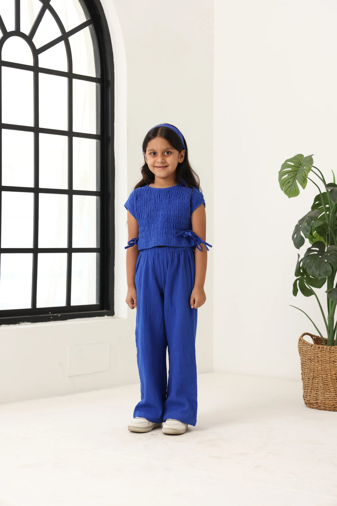 Spunkies Girls Blue Smocked Round Neck Sleeveless Top and Trousers Set