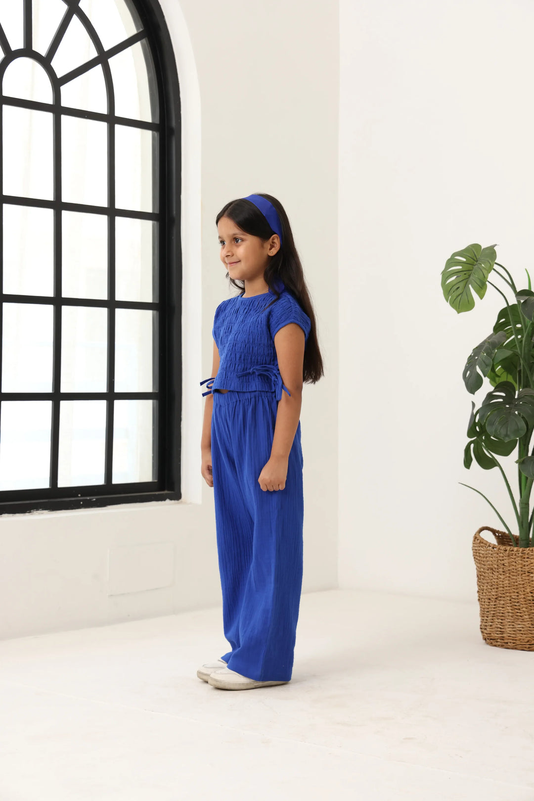 Spunkies Girls Blue Smocked Round Neck Sleeveless Top and Trousers Set