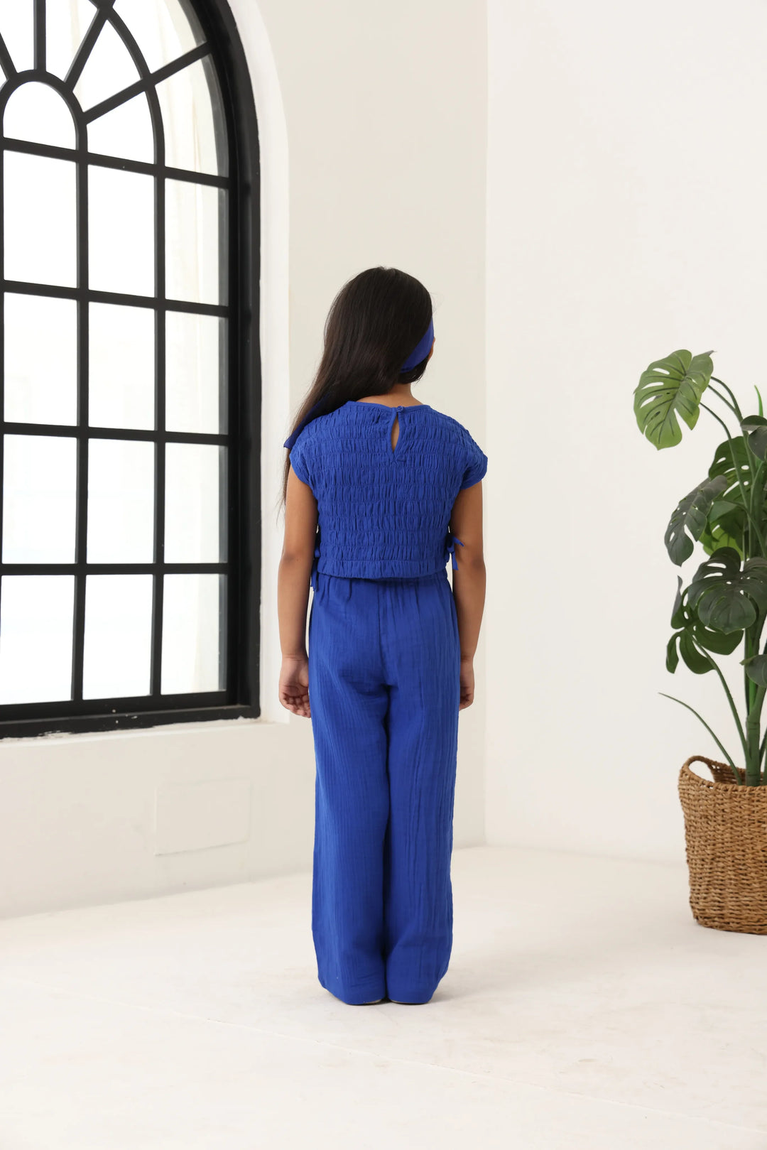 Spunkies Girls Blue Smocked Round Neck Sleeveless Top and Trousers Set