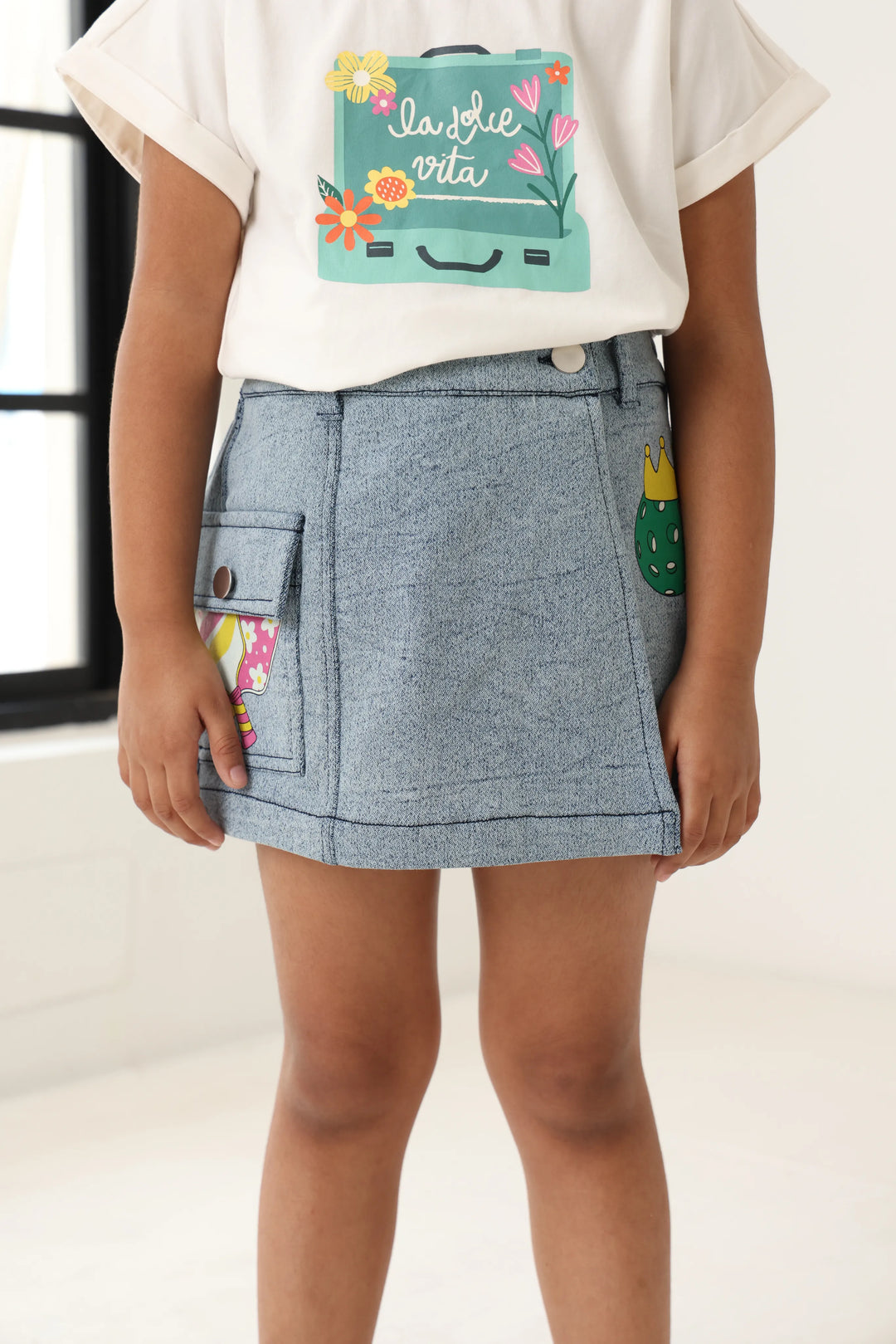 Spunkies Girls Light Wash Denim Lycra Skirt with Patch Pockets