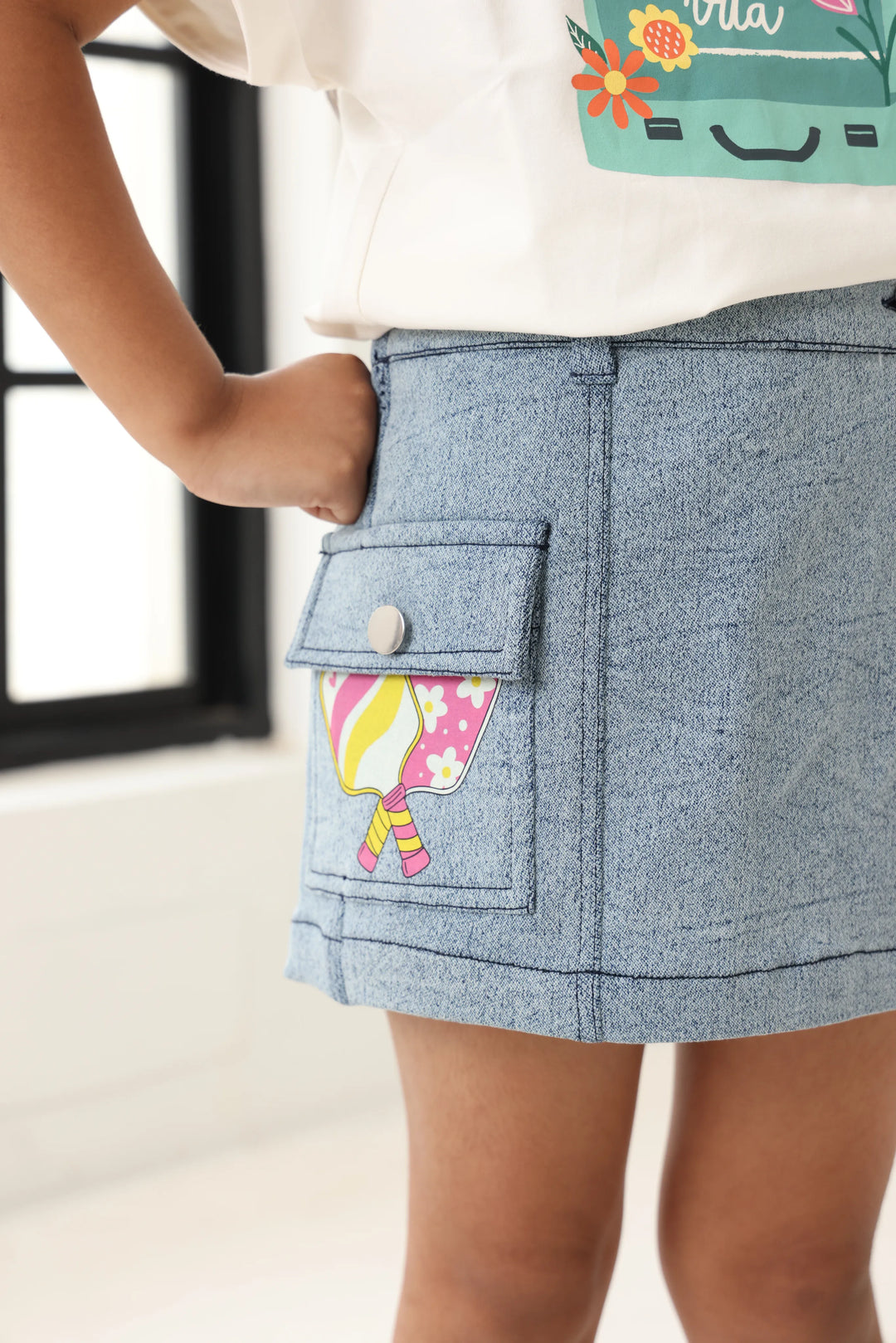 Spunkies Girls Light Wash Denim Lycra Skirt with Patch Pockets