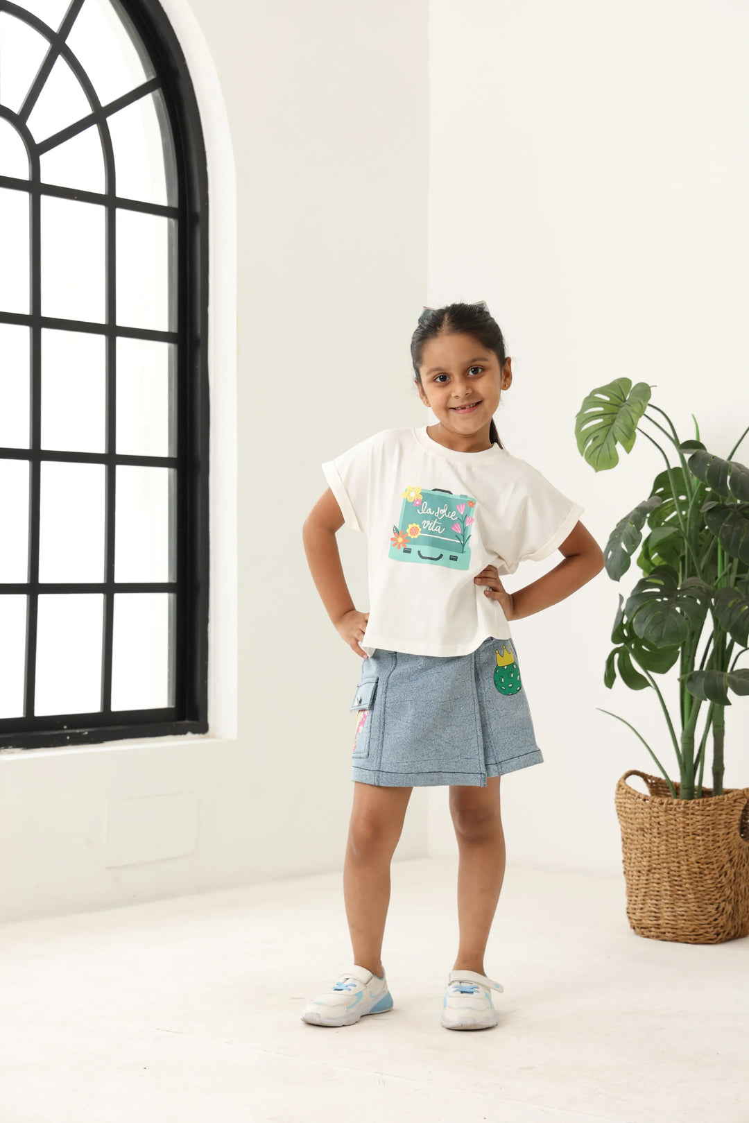 Spunkies Girls Light Wash Denim Lycra Skirt with Patch Pockets