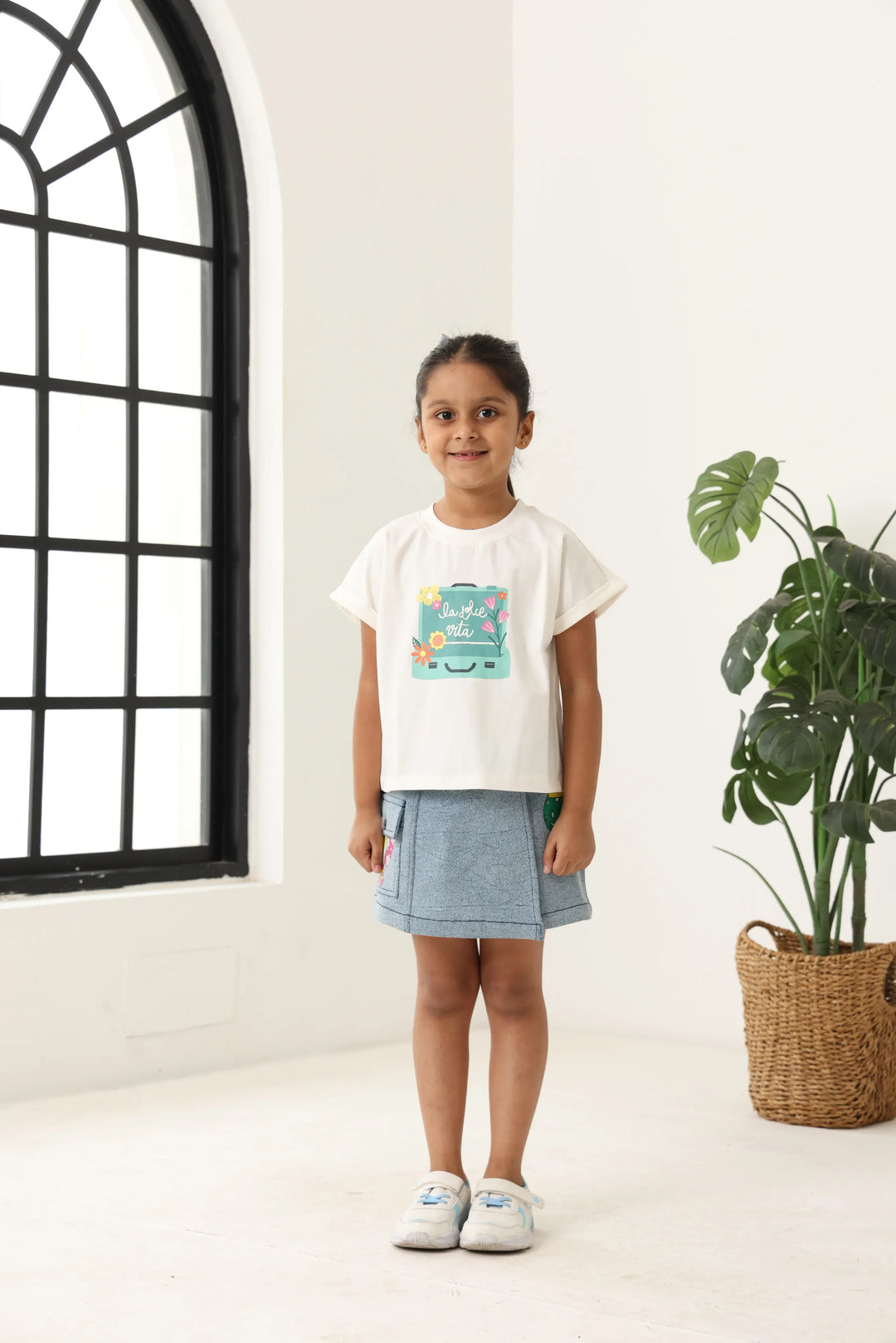 Spunkies Girls Light Wash Denim Lycra Skirt with Patch Pockets