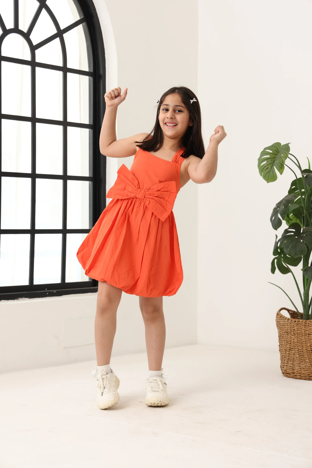 Spunkies Orange Girls Smocked Square Neck Sleeveless A-Line Dress