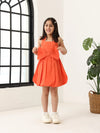 Spunkies Orange Girls Smocked Square Neck Sleeveless A-Line Dress