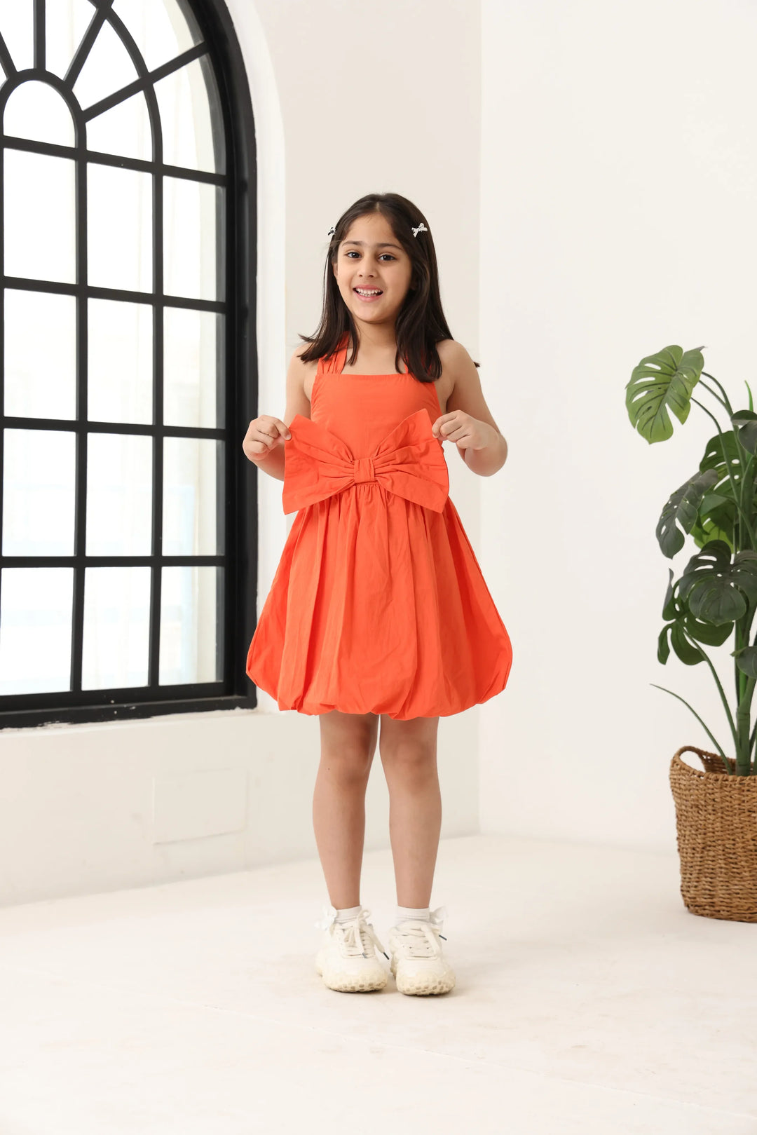 Spunkies Orange Girls Smocked Square Neck Sleeveless A-Line Dress