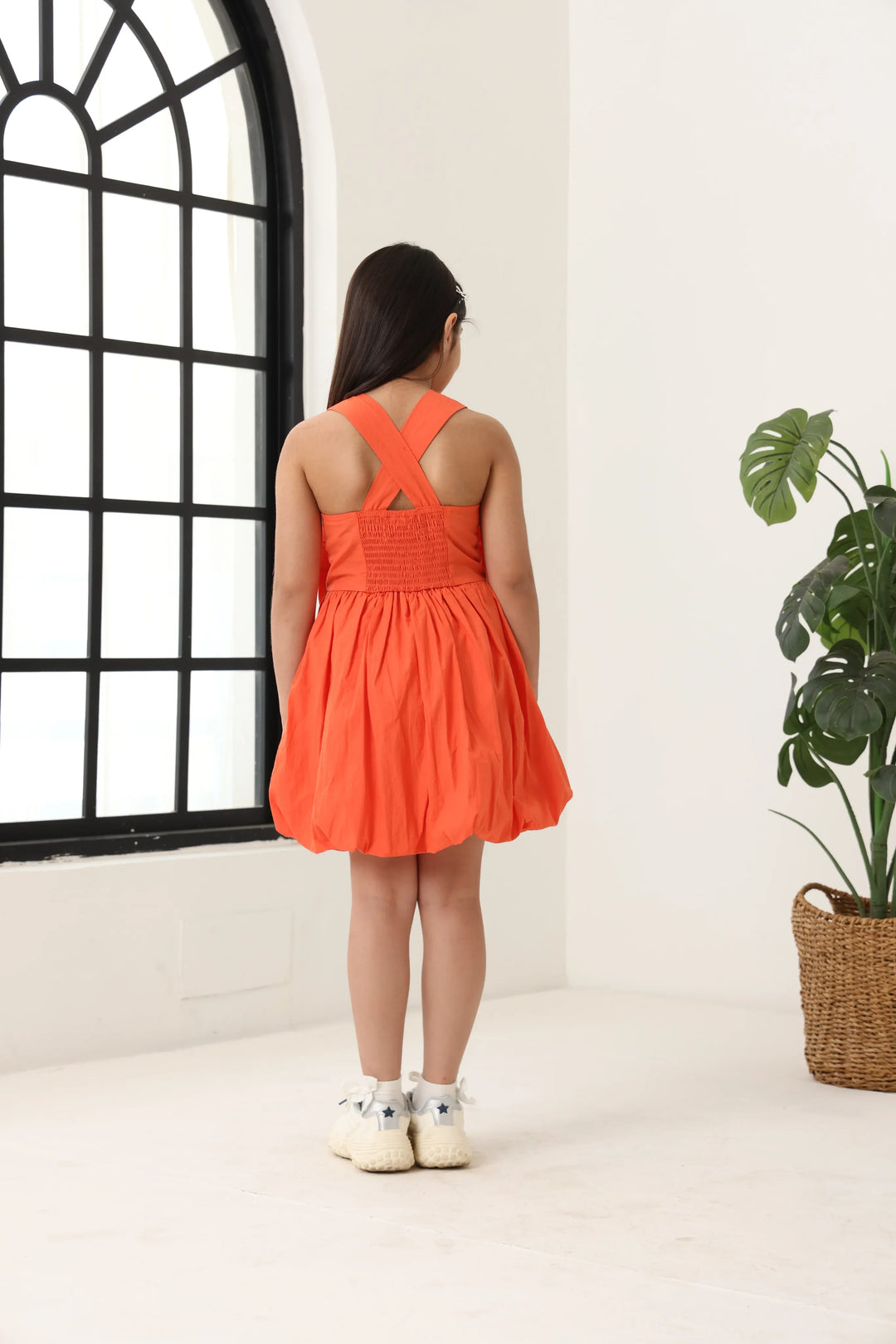 Spunkies Orange Girls Smocked Square Neck Sleeveless A-Line Dress
