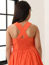 Spunkies Orange Girls Smocked Square Neck Sleeveless A-Line Dress
